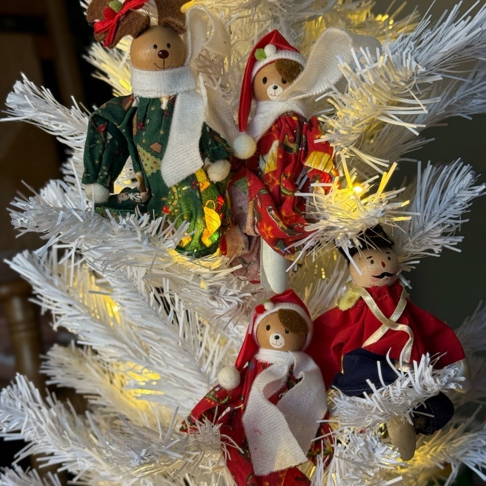 Vintage 1968 Festive Holiday Bear Nutcracker Wood Ornaments Clip Set